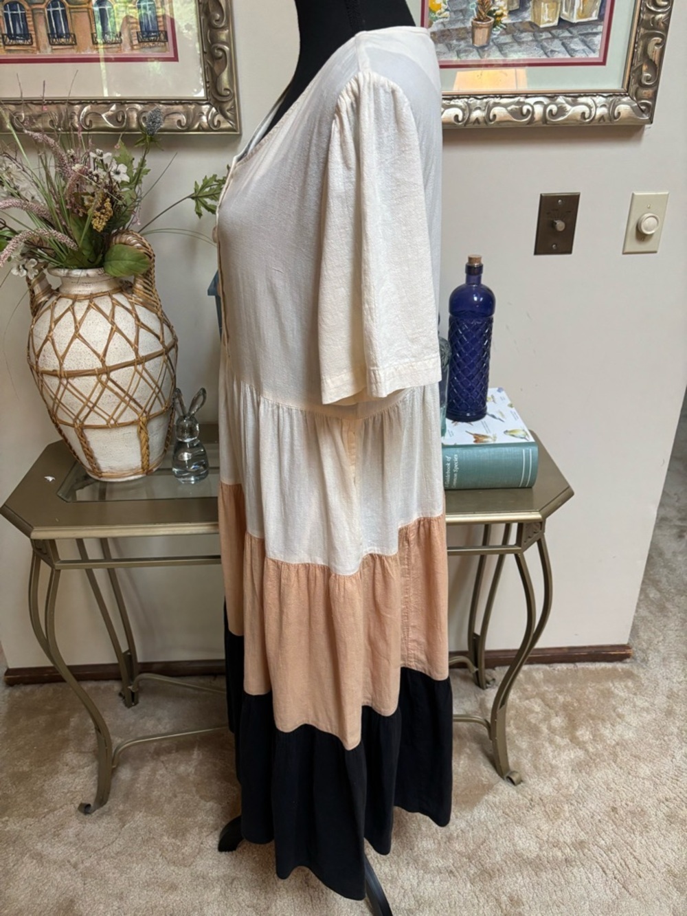 TWO POTATO VINTAGE NEUTRAL TIERED MAXI DRESS BOHO PEASANT COTTON COTTAGECORE - Picture 9 of 9